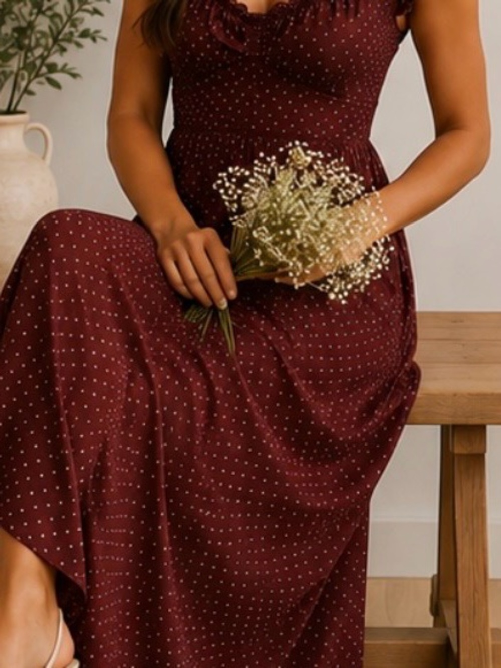 Women’s Burgundy Polka Dot Maxi Dress